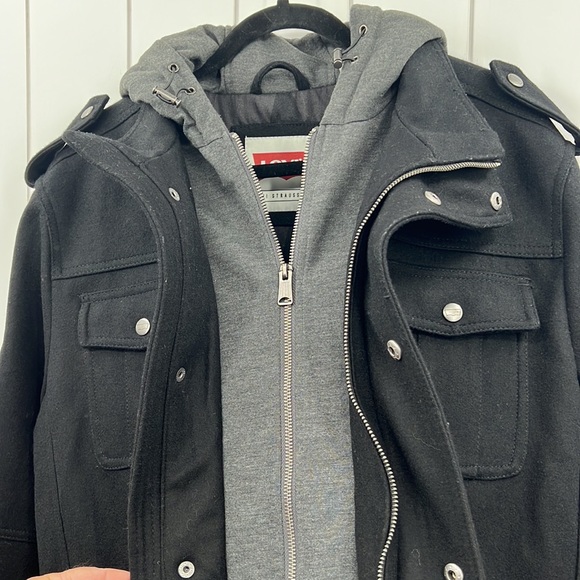 Levi’s Wool Double Zip Hooded Coat Black Gray Quilted W/Pockets Cinch Hood Large - Picture 8 of 14